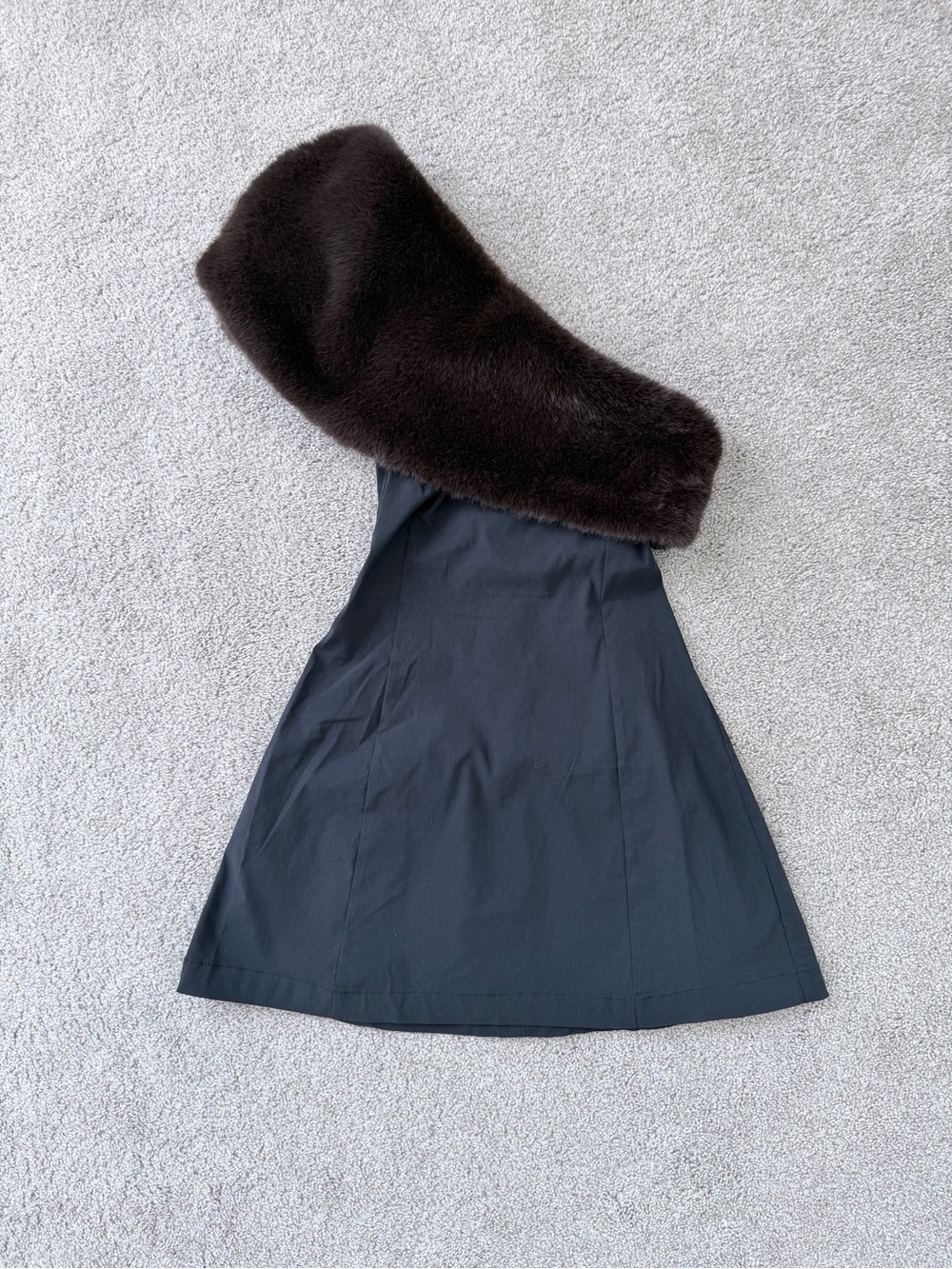 WeWoreWhat Black Mini Dress with Dark Brown Fur Accent